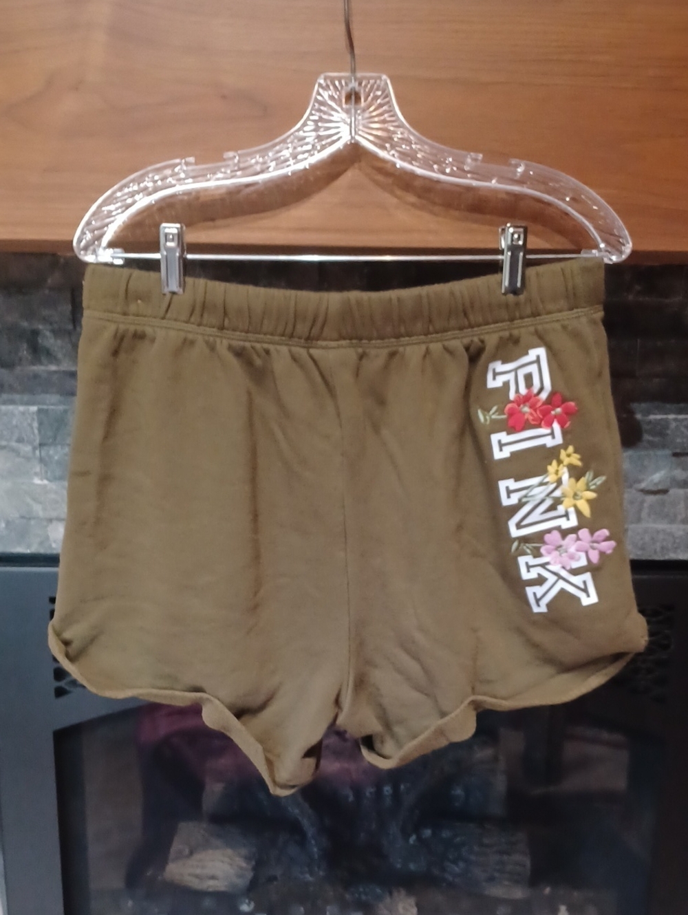 PINK Victoria's Secret Olive Logo Floral Trim Fleece Athletic Shorts